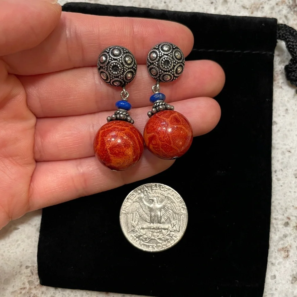 Vintage Ornate Silver Lapis an Coral Dangle Earrings - Picture 1 of 2